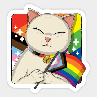 Cute Cat Holding Progress Pride Flag Sticker